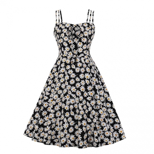 Light-purple Print Spaghetti Straps Sleeveless High Waist Summer Party Swing Slip Dress N23538
