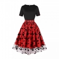 Women's Waist Spliced Mesh Short Sleeve Round Neck High Waist Temperament Retro Swing Dress N23535