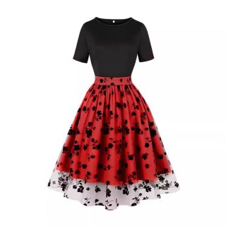 Women's Waist Spliced Mesh Short Sleeve Round Neck High Waist Temperament Retro Swing Dress N23535