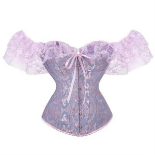Victorian Gothic Pink Jacquard Off Shoulder Floral Lace Plastic Bone Overbust Corset N23526