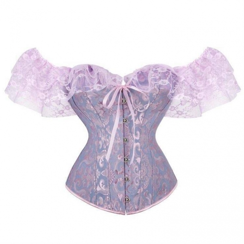 Victorian Gothic Pink Jacquard Off Shoulder Floral Lace Plastic Bone Overbust Corset N23526
