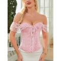 Victorian Gothic Pink Jacquard Off Shoulder Floral Lace Plastic Bone Overbust Corset N23523