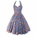 Women's Blue Floral Halterneck Retro Dress N23519