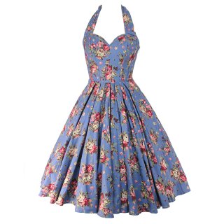 Women's Blue Floral Halterneck Retro Dress N23519