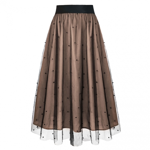 Fashion Khaki Victorian Gothic Mesh Double Layered Elastic Band High Waist Skirt N23509