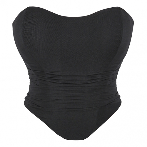 Women's Vintage Strapless Open Back Boned Mesh Bustier Zip Back Corset Bodyshaper Crop Top N23504