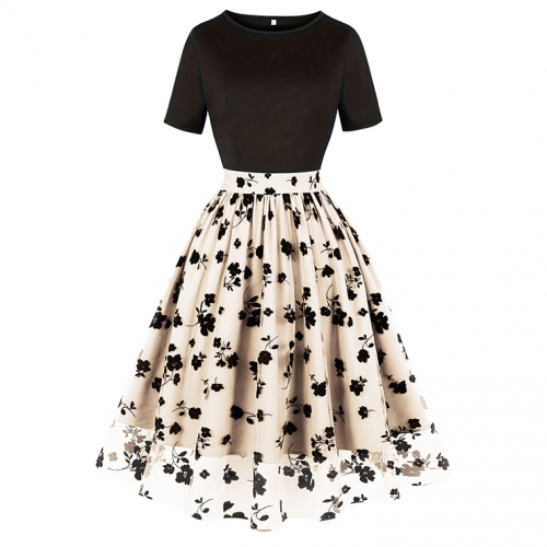 Women's Waist Spliced Mesh Short Sleeve Round Neck High Waist Temperament Retro Swing Dress N23503