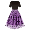 Women's Waist Spliced Mesh Short Sleeve Round Neck High Waist Temperament Retro Swing Dress N23502