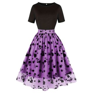 Women's Waist Spliced Mesh Short Sleeve Round Neck High Waist Temperament Retro Swing Dress N23502