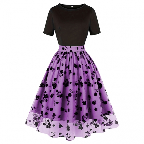Women's Waist Spliced Mesh Short Sleeve Round Neck High Waist Temperament Retro Swing Dress N23502
