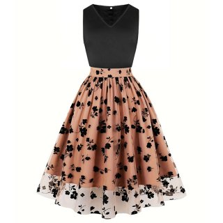Vintage Women Mesh Split Joint V-Neck Sleeveless A-Line Dress N23499