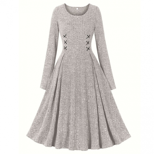 Women's round neck long sleeve knitted lace-up dress N23497