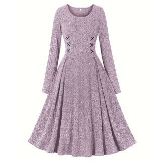 Women's round neck long sleeve knitted lace-up dress N23496