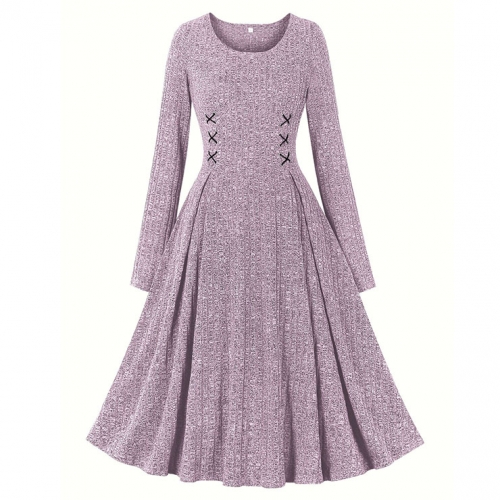 Women's round neck long sleeve knitted lace-up dress N23496