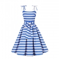 Vintage Blue Round Neck Bowknot High Waist Summer Party Swing Slip Dress N23490