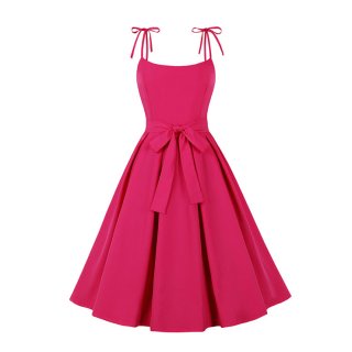 Vintage Rose Red Round Neck Bowknot High Waist Summer Party Swing Slip Dress N23489