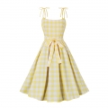 Vintage Yellow Plaid Round Neck Bowknot High Waist Summer Party Swing Slip Dress N23488