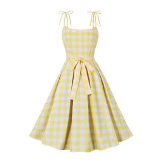 Vintage Yellow Plaid Round Neck Bowknot High Waist Summer Party Swing Slip Dress N23488