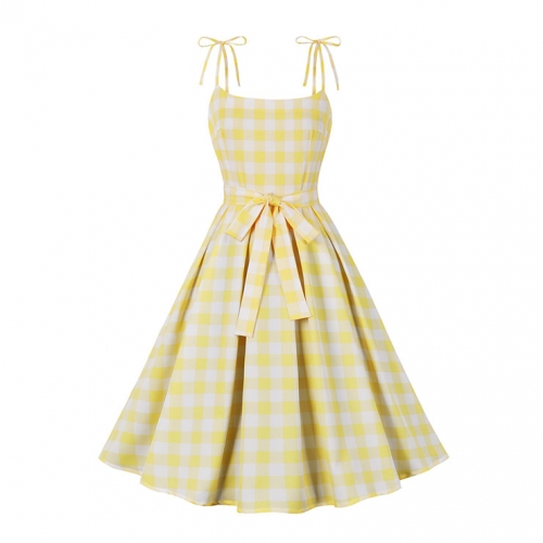 Vintage Yellow Plaid Round Neck Bowknot High Waist Summer Party Swing Slip Dress N23488