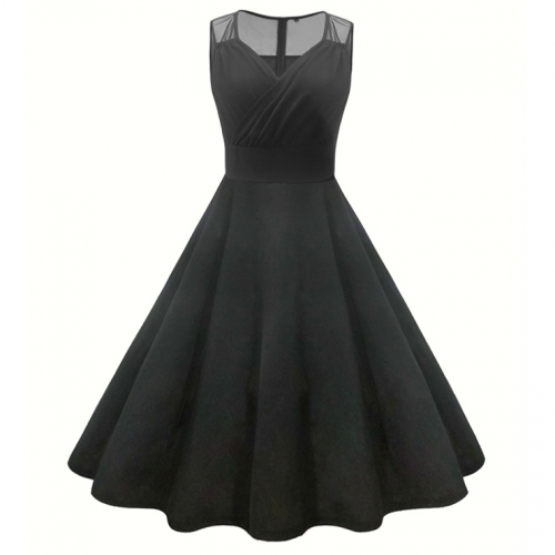 Big Skirt Black Lace Retro V-Neck Sleeveless Dress N23487