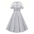 Women Vintage Cocktail Dress Lapel V Neck Polka Dot 1950s Retro Aline Swing Party Dresses N23485