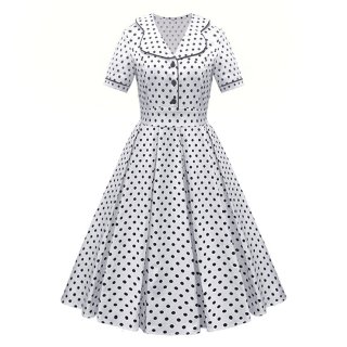 Women Vintage Cocktail Dress Lapel V Neck Polka Dot 1950s Retro Aline Swing Party Dresses N23485