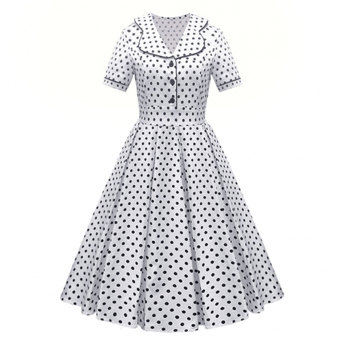 Women Vintage Cocktail Dress Lapel V Neck Polka Dot 1950s Retro Aline Swing Party Dresses N23485