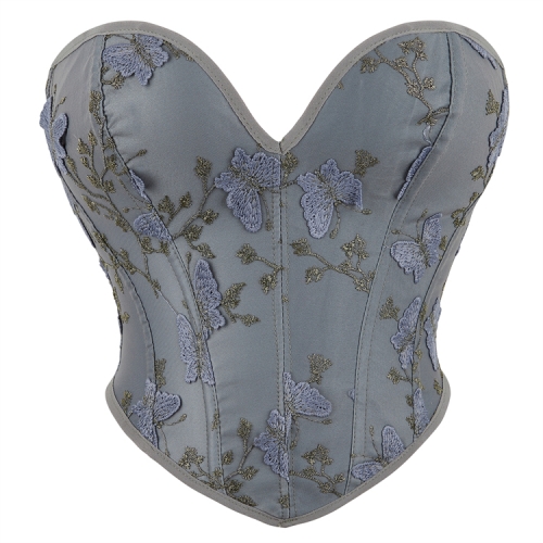 Women's Butterfly Embroidery Strapless Corset Tummy Control Lace Up Push Up Body Shaper N23474