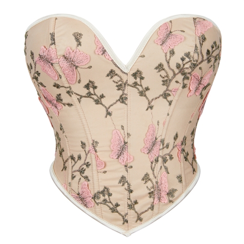 Women's Butterfly Embroidery Strapless Corset Tummy Control Lace Up Push Up Body Shaper N23473