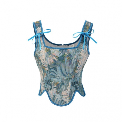 Fashion Irregular Blue Chrysanthemum Print Plastic Boned Body Shaper Overbust Corset N23454