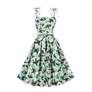 Women's Clothing Colorful Striped Print Cami Dress Vintage Belted Swing Aline Sleeveless Christmas Dress N23445