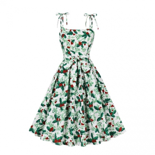 Women's Clothing Colorful Striped Print Cami Dress Vintage Belted Swing Aline Sleeveless Christmas Dress N23445