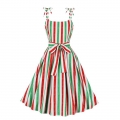 Women's Clothing Colorful Striped Print Cami Dress Vintage Belted Swing Aline Sleeveless Christmas Dress N23443