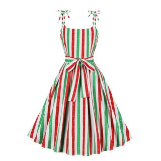 Women's Clothing Colorful Striped Print Cami Dress Vintage Belted Swing Aline Sleeveless Christmas Dress N23443