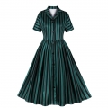 Women's Short-Sleeved One-Row Buttons Decorated Hepburn Suit Collar High-Waist Retro Full Swing Dress N23435