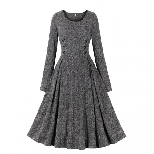 Women's round neck long sleeve knitted lace-up dress N23434