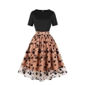 Women's Waist Spliced Mesh Short Sleeve Round Neck High Waist Temperament Retro Swing Dress N23433