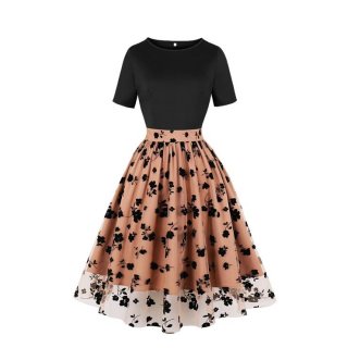 Women's Waist Spliced Mesh Short Sleeve Round Neck High Waist Temperament Retro Swing Dress N23433