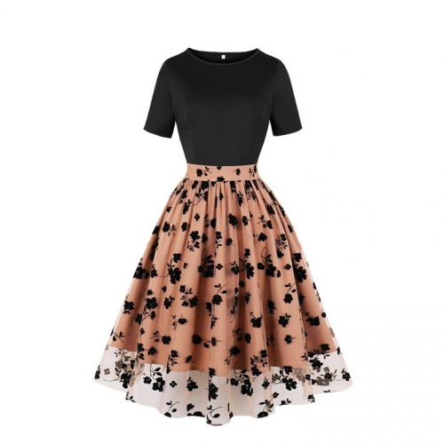 Women's Waist Spliced Mesh Short Sleeve Round Neck High Waist Temperament Retro Swing Dress N23433