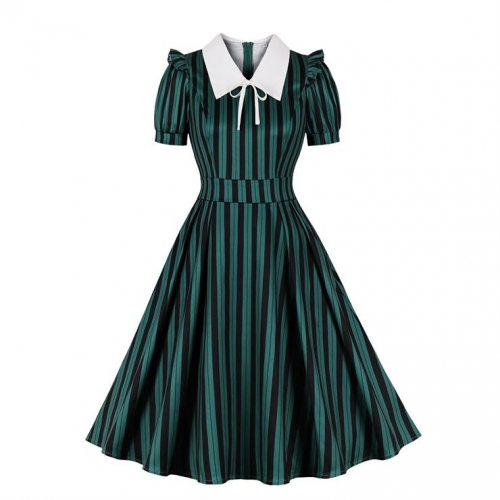 Women's Retro Striped Short-Sleeved Dress With Slim Lapels Snd OL Style Shirt Dress N23431