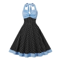 Women's Strappy Halterneck Sleeveless Waisted Splicing Polka Dot High Waist Retro Dress N23430