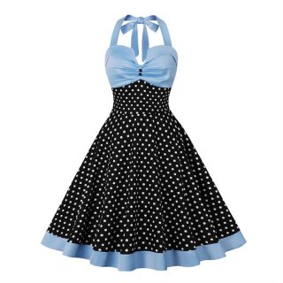 Women's Strappy Halterneck Sleeveless Waisted Splicing Polka Dot High Waist Retro Dress N23430