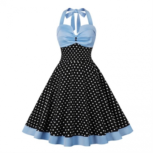 Women's Strappy Halterneck Sleeveless Waisted Splicing Polka Dot High Waist Retro Dress N23430