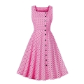 Women's Pink Black Polka Dot Dress Square Neck Single Breasted Sleeveless Vest Dress N23428