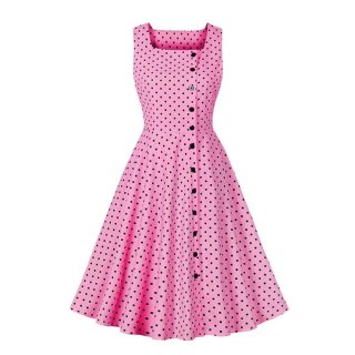 Women's Pink Black Polka Dot Dress Square Neck Single Breasted Sleeveless Vest Dress N23428