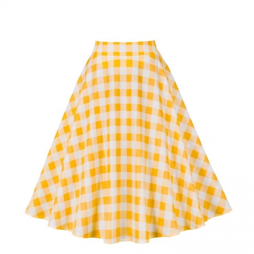 Women's Clothing Plaid Big Swing Ruffle Skirt Vintage High Waist Midi Skirt HG23421
