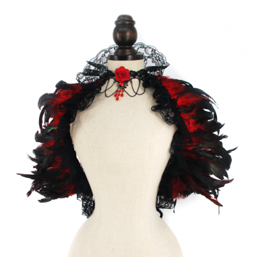 Victorian Gothic Black & Red Feather Lace-up Shawl and Red Rose Necklace Accessories N23414