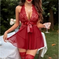 Sexy Red Mesh See-through Hanging Neck Backless Babydoll Sleepwear Lingerie N23375