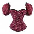 Retro Red Lip Print 12 Plastic Boned Ruffled Puff Sleeves Sexy Body Shaper Overbust Corset N23366