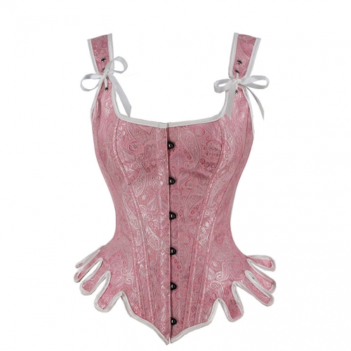 Retro Jacquard Wide Shoulder Straps 14 Plastic Boned Wavy Hem Waist Cincher Overbust Corset N23364